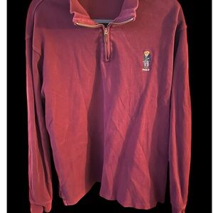 Polo Lauren Men's Maroon 1/4 Zip 100% Cotton Teddy Bear Embroidered Pullover XL